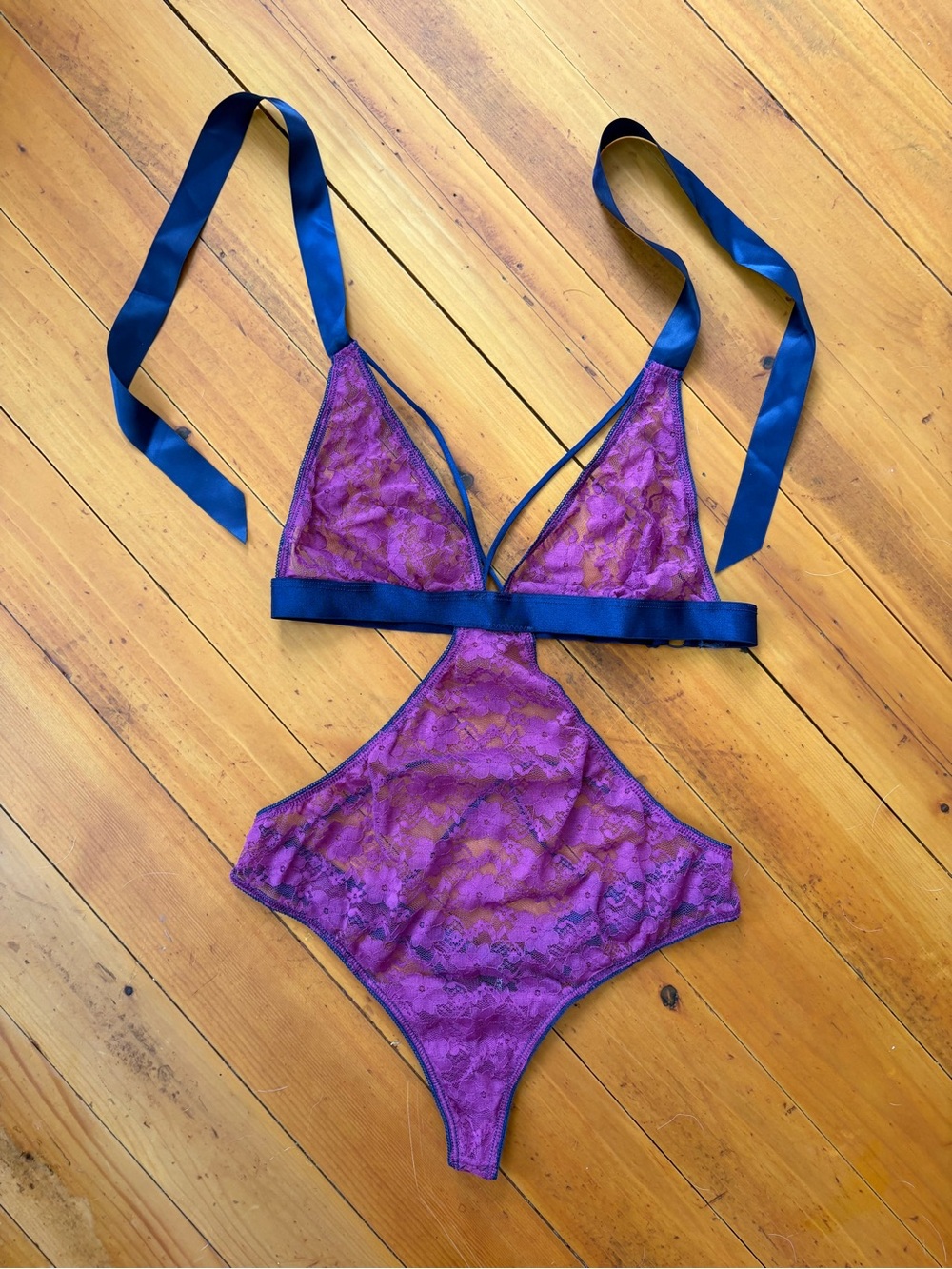 Sheer Purple Lace Cutout Teddy with Navy Ribbon